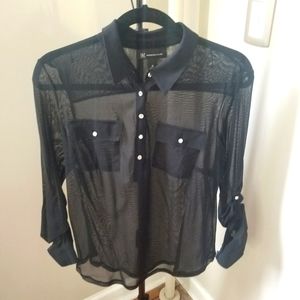 I.N.C Women's Sheer Blouse Black Button Down Size M